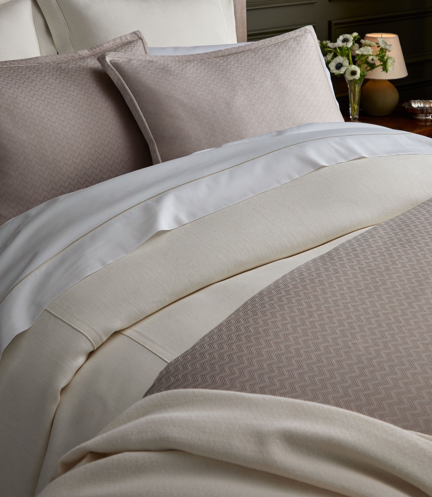 Savoy Jacquard Duvet Set styled on a bed, Platinum
